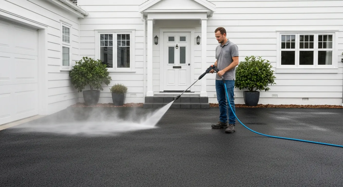 Pressure washing a concrete driveway in Spokane, WA